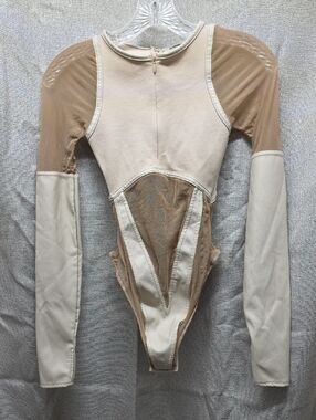 Maniere De Voir Beige and Cream Sheer-Panel Long Sleeve Bodysuit